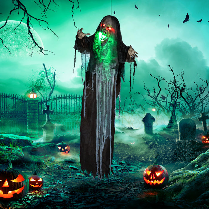 Homcom Halloween Green Big-mouth Monster Animatronic Prop W/ Light Up Eyes