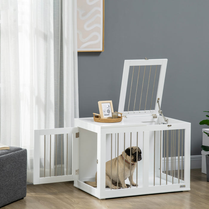 Pawhut Dog Crate Furniture, 31.5\" Dog Kennel Furniture Side End Table With Double Doors, For Medium Dogs, White