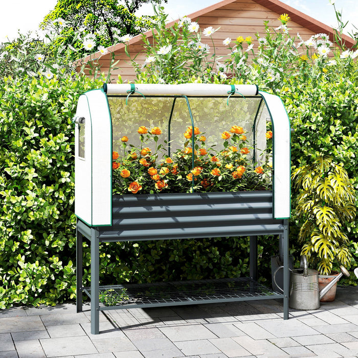 Outsunny Galvanised Raised Garden Bed with Greenhouse Cover, Dark Grey