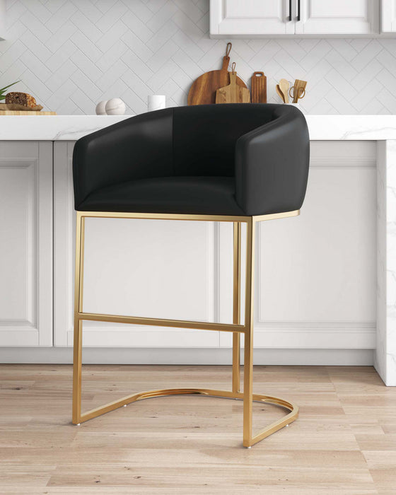Louvre Mid-Century Modern Metal Upholstered Barstool in Black Bar Stool