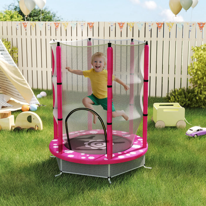 Qaba 55\" Trampoline for Kids, Toddler Trampoline with Safety Enclosure, for Jumping and Playing, Indoor Outdoor Use, Ages 3-6 Years, Sun Pattern, Pink