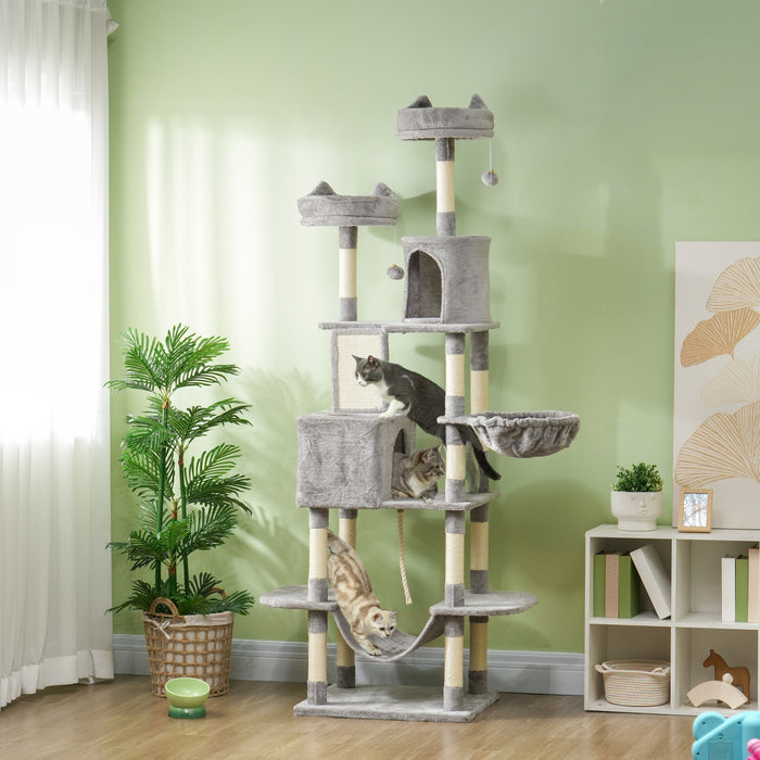 Pawhut Cat Tower, 81\" Cat Tree For Large Cats Adult W/ Scratching Posts, Scratching Board, Cat Condos, Cat Beds, Hammocks, Jumping Platforms, Toy Balls, Rope Cat Toy, Light Grey
