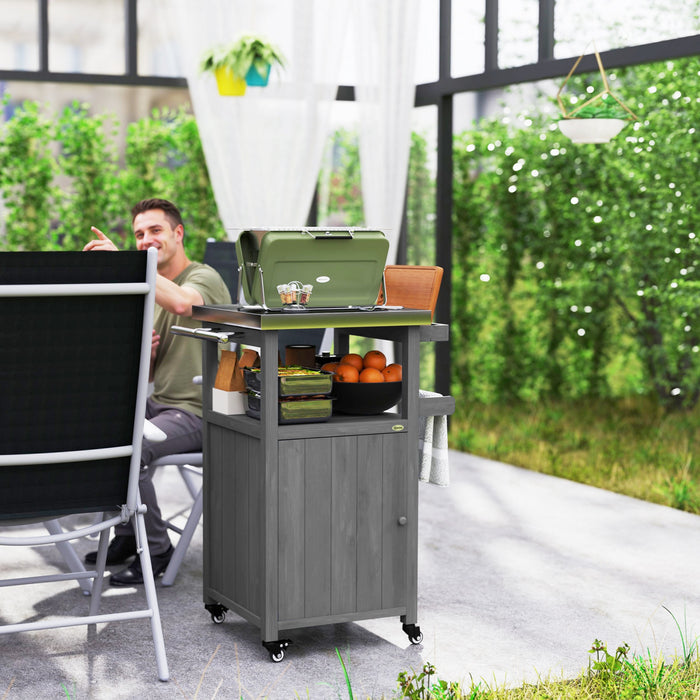 Outsunny Grill Table with Stainless Steel Top, Pizza Oven Table with Storage Cabinet, Spice Rack, Outdoor Kitchen Island with Wheels, Handle, Dark Grey