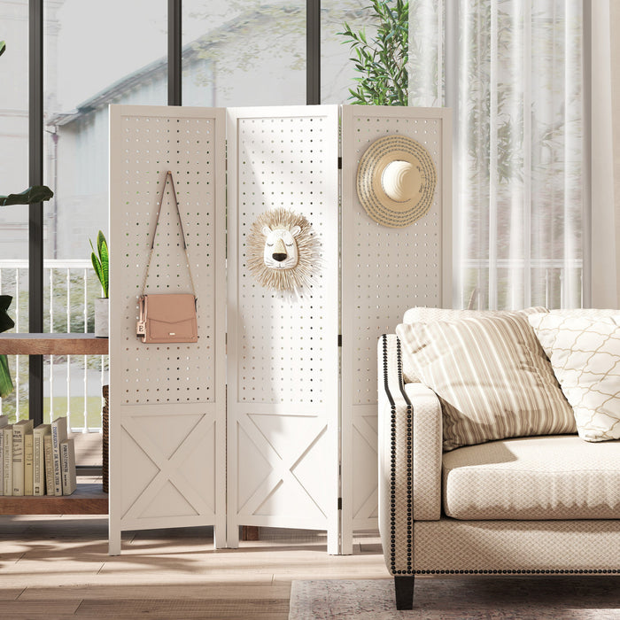 HOMCOM 56.9\" 3 Panel Room Divider with Pegboard Display for Indoor White