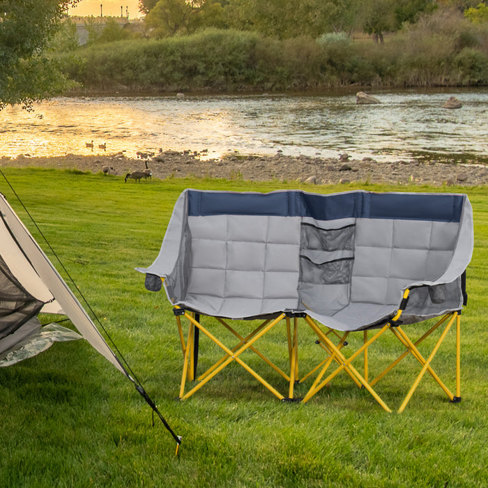 Outsunny Double Seat Camping Chair Folding Loveseat w/ Storage Pocket Navy