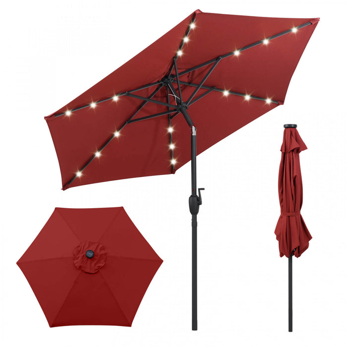 Costway 7.5 ft Solar Powered Patio Umbrella with LED Lights Push Button Tilt Crank Handle Red