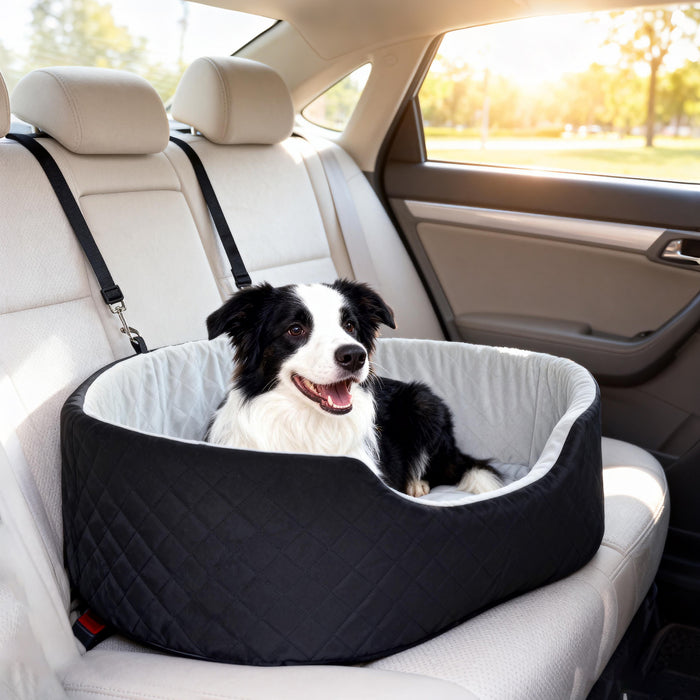 PawHut Dog Car Seat for Small Medium Pets, Dog Car Bed with Cushion and Safety Belt, Detachable and Washable Pet Bed for Puppy Under 33lbs, Black