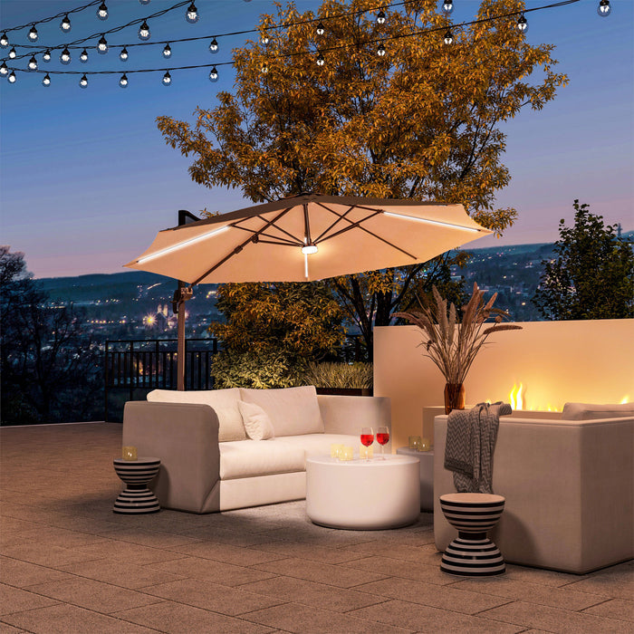 Outsunny 10ft Cantilever Patio Umbrella W/ Base, Solar Lights, Khaki