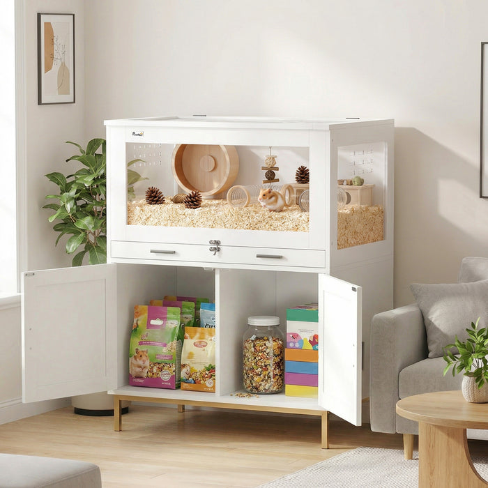 PawHut Hamster Cage with Storage Cabinet, Guinea Pig Cage with Pull Out Drawer and Acrylic Panels, Ventilated Small Animal Habitat for Bunny, Hedgehog, Gerbil, 30\" x 19.5\" x 36\"