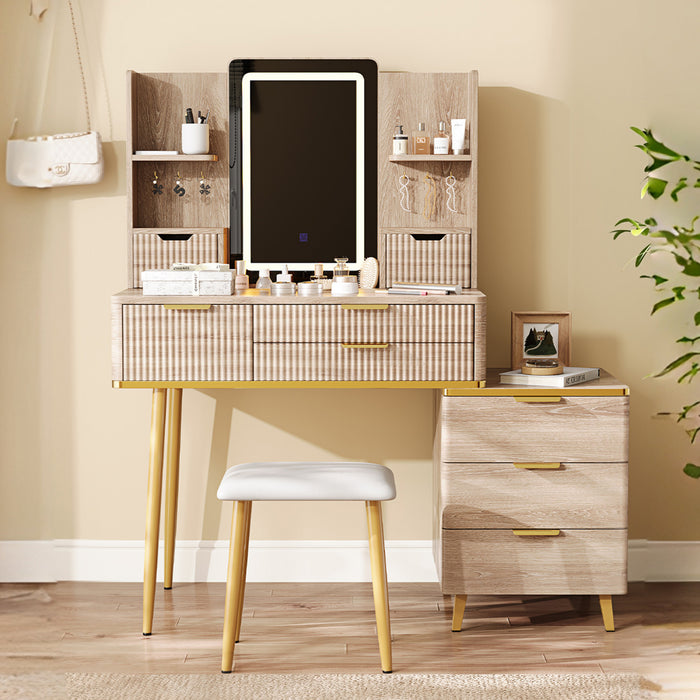 Victoria 7-Drawer Vanity Table Set with LED Mirror and Metal Legs,Yellow Brown Mirror Cabinet