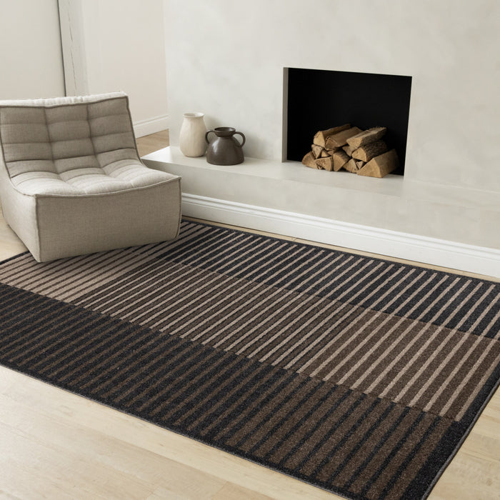 Maverick Beige Brown Black Striped Design Rug, 7'10\" x 10'6\" Indoor Area Rug