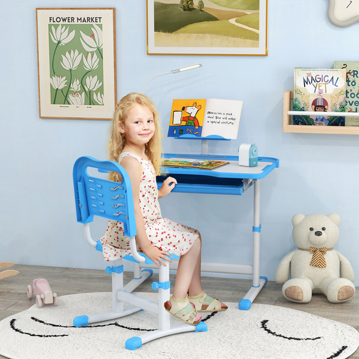 Qaba Kids Desk And Chair Set Height Adjustable Student Writing Desk Children School Study Table With Tilt Desktop, Led Lamp, Pen Box, Drawer, Reading Board, Cupholder, Blue