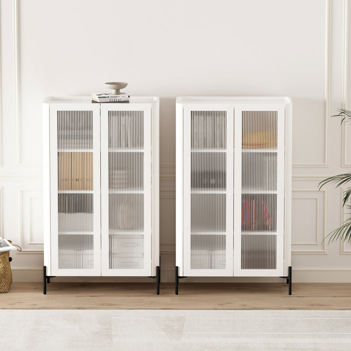 Abbey Modern 32\" Tempered Glass Bookcase Cabinet in White (4-Shelf) - Set of 2