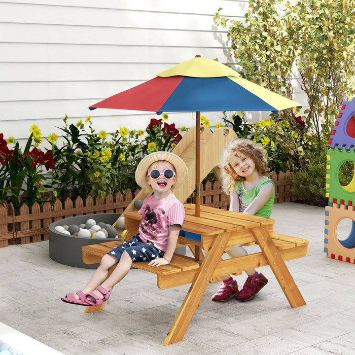 Outsunny Kids Picnic Table, 3-in-1 Sand And Water Table Wooden With Removable Foldable Umbrella, Detachable Tabletop For Patio Lawn Garden, Aged 3-6 Years Old, Teak