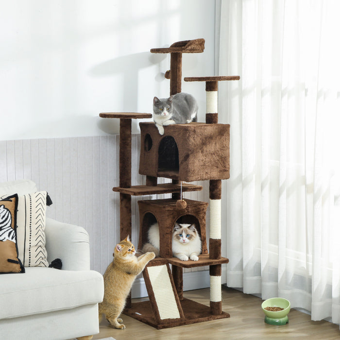 PawHut 63\" Cat Tree, Cat Tower for Indoor Cats with Scratching Posts, Cat Condos, Bed, Platforms, Ramp, Toy Ball, Cat Activity Center, Light Brown