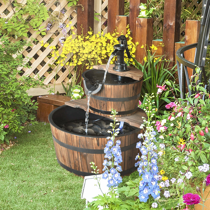 Outsunny 2-tier Wooden Barrel Water Fountain With Electric Pump, 23\" Tall Cascading Feature Outdoor Indoor Decoration