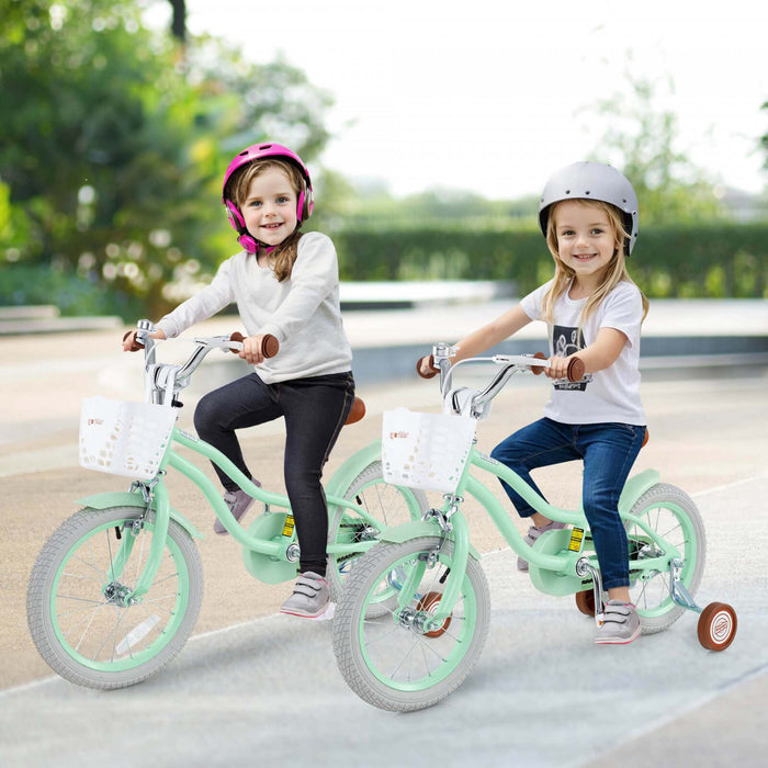 Prorider 14\" Kid's Bike With Removable Training Wheels & Basket For 3-5 Years Old Green