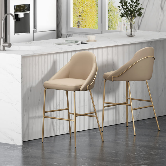 Gracie Modern Metal Upholstered Barstool in Tan and Gold - Set of 2