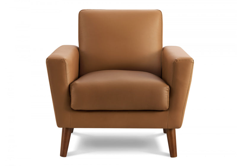 Upholstered Accent Chair, 34\" Wide, Cognac Leather-Look, Walnut Wood Legs, Mid-Century Accent Chair