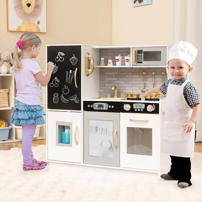 Costway Kid's Pretend Play Kitchen Toddler Kitchen Playset With Blackboard Beige