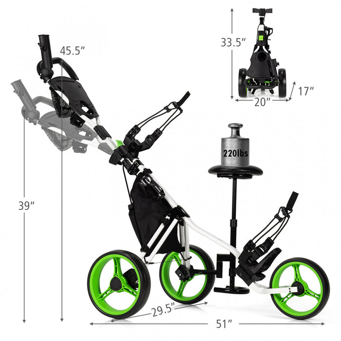 Goplus Folding 3 Wheels Golf Push Cart W/seat Scoreboard Adjustable Handle Green