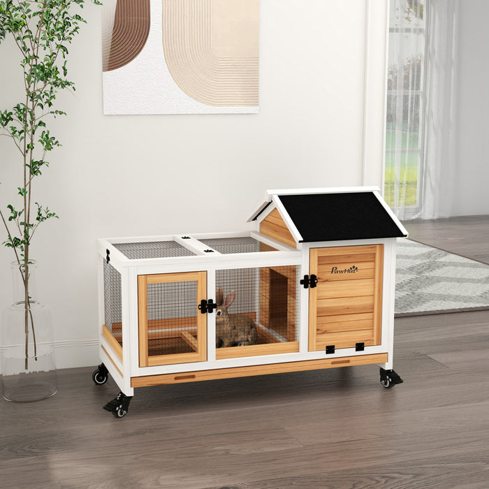 PawHut Indoor Rabbit Hutch with Wheels, Bunny Cage with Ramp, Run, Pull Out Tray, Suitable for Rabbit, Guinea Pig, Yellow