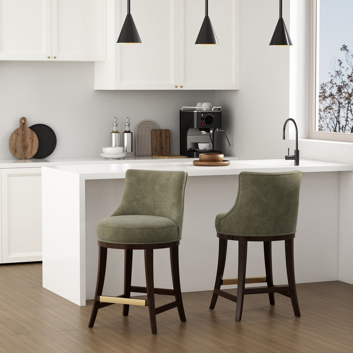 Lucia Modern Chenille Wood Counter Stool in Leaf Green - Set of 2