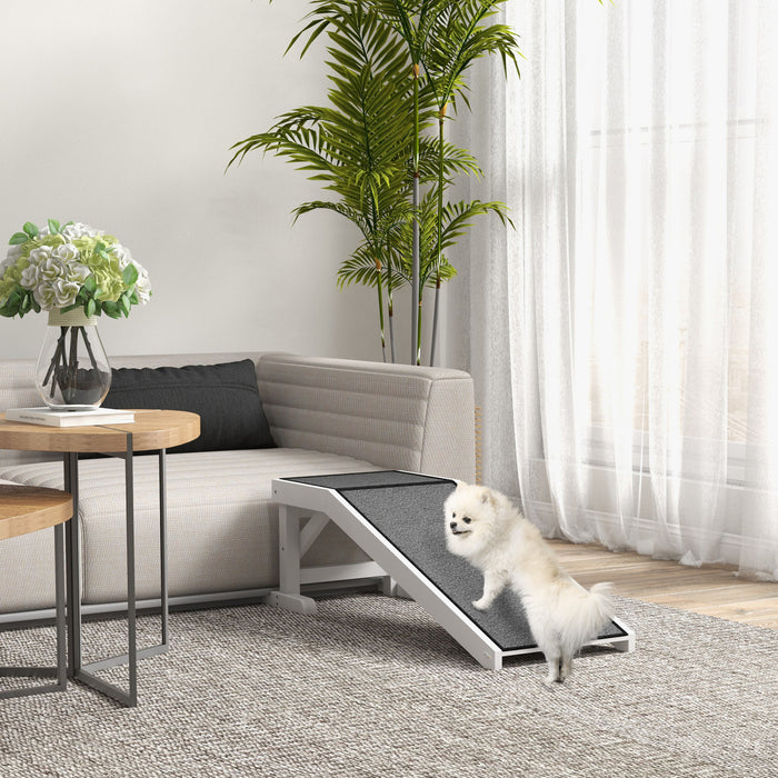 Pawhut Pet Ramp Bed Steps For Dogs Cats Non-slip Carpet Top Platform Pine Wood 49\"l X 16\"w X 14\"h White Grey