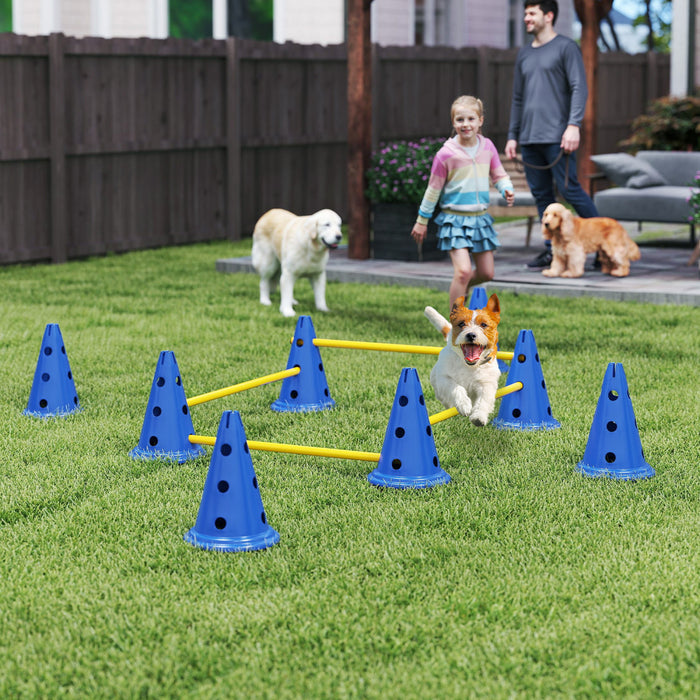 PawHut Dog Agility Hurdle Cone Set, Adjustable Obstacle Course Equipment with 8 Cones & 8 Poles, Portable Canine Agility Training Set with Carry Bag, Blue