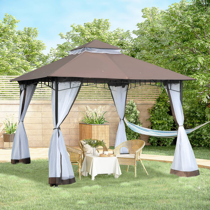 Outsunny 10' X 10' Outdoor Patio Gazebo Canopy Tent With Mesh Sidewalls, 2-tier Canopy For Backyard, Coffee