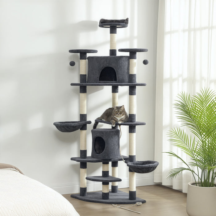 PawHut 79\" Cat Tree Tower, Large Cat Condo Furniture, Multi-Level Cat Tower with Scratching Posts, Cozy Hammock, Dangling Balls - Dark Grey