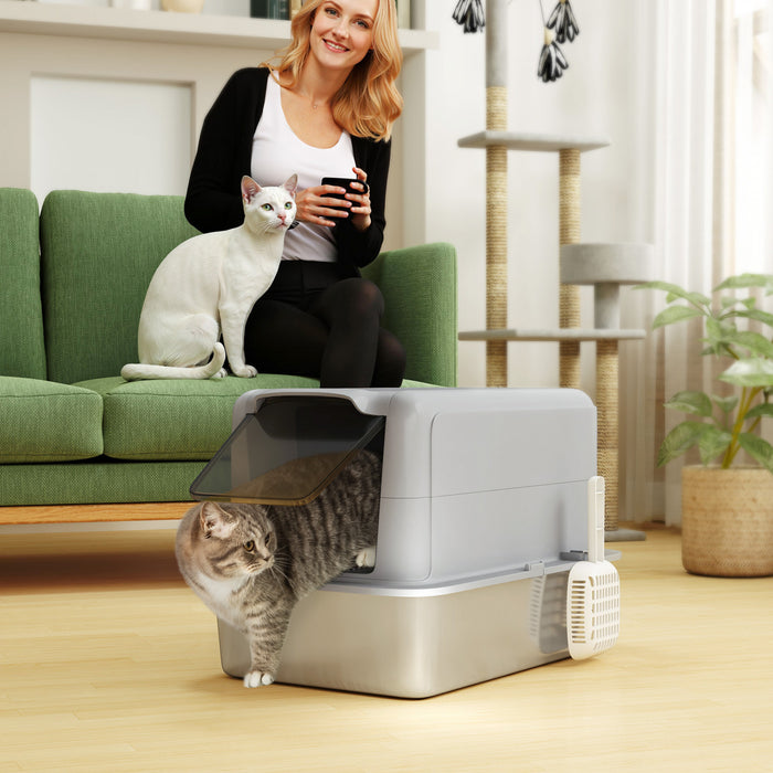 Pawhut Extra Large Cat Litter Box With Scoop, Stainless Steel Kitty Litter Box With Removable Lid For Small To Large Cats, Easy To Clean, Grey