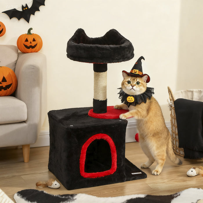 PawHut Gothic Cat Tree, 28\" Cat Tower for Indoor Kittens with Plush Top Bed, Cozy Condo, Sisal Scratching Post, Perch, Dangling Ball, Red and Black