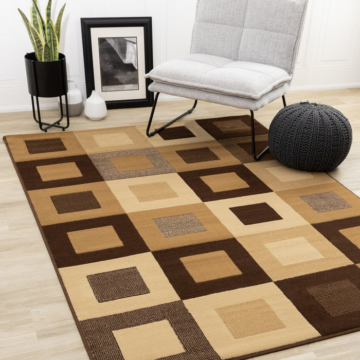 Florence Brown Beige Layered Squares Rug, 7'9\" x 10'6\" Indoor Area Rug