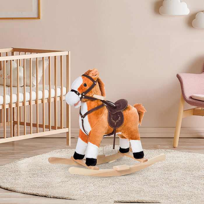 Qaba Kids Rocking Horse Child Plush Ride On Toy With Realistic Sound Red Brown