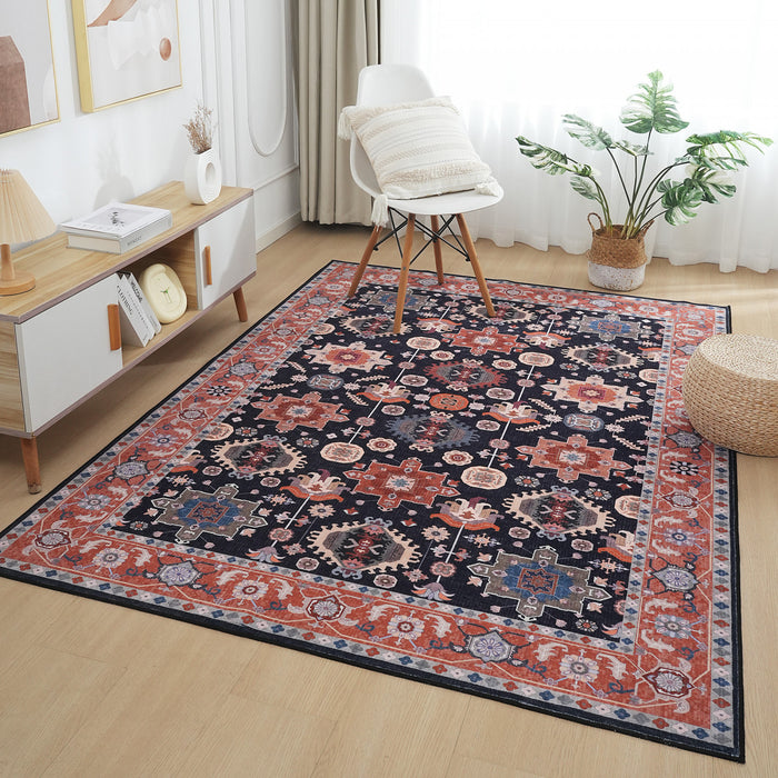 Aqua Black Star Washable Non-slip Low Pile Area Rug 5'x7'