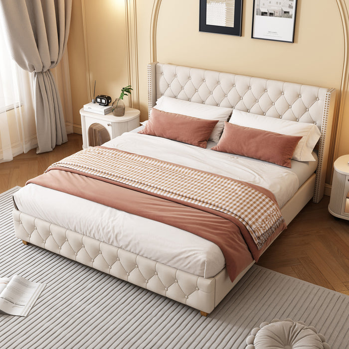 Haley Linen Upholstered Platform Bed with Classic Wingback Headboard and Diamond Tufted Upholstery,Queen Size,Beige Queen Bed