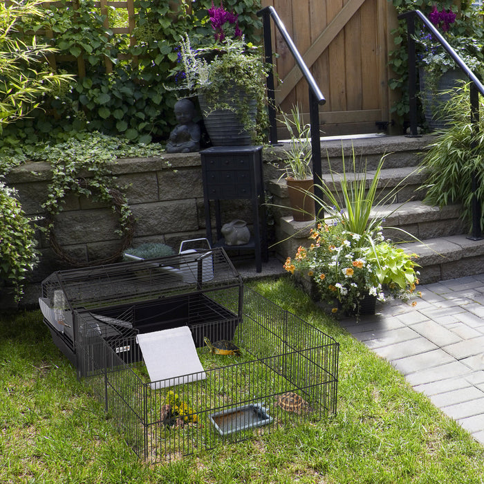 Pawhut Metal Small Rabbit Hutch Cage Main House Guinea Pig Hutch Small Animal Shed W/ Wheels And Brakes Foldable Large Run Detachable Black (35\" L X 50.5\" W X 22\" H)
