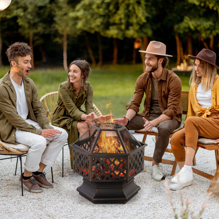 Outsunny Outdoor Fire Pit With Mesh Lid, Portable Wood Burning Firebowl With Poker For Patio, Backyard, Bronze