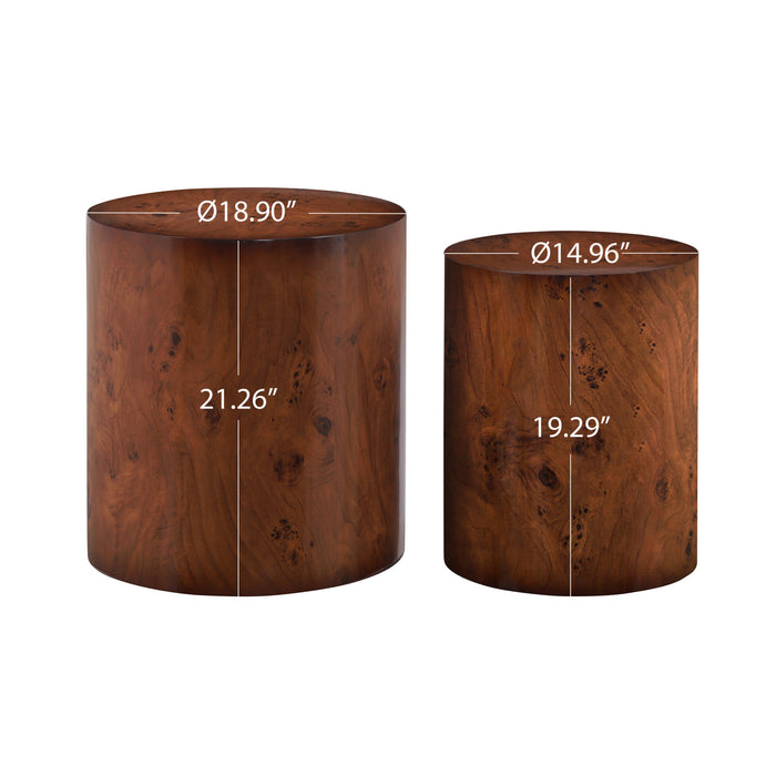 Kinley Set of 2 Modern Round Nesting Coffee Tables, Burl Veneer Cylinder Side Table Set, Brown