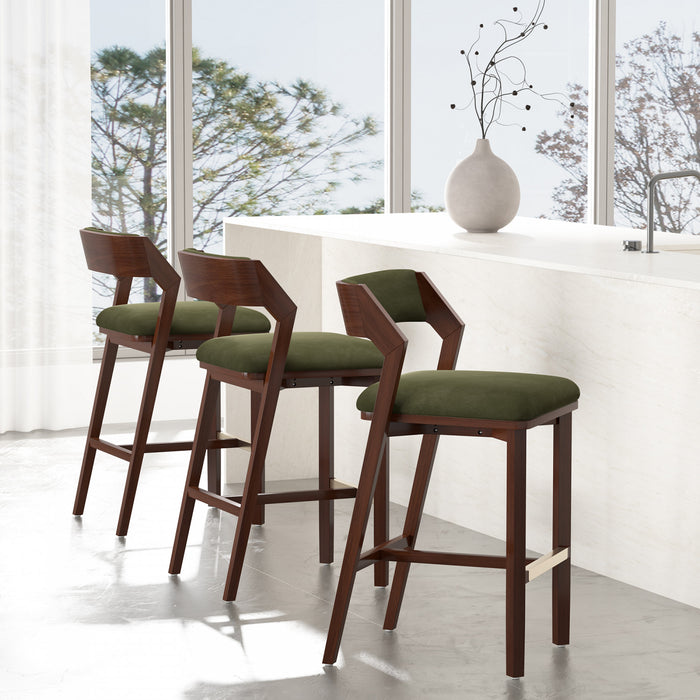 Patricia Modern Wood Upholstered Barstool in Turtle Green - Set of 3