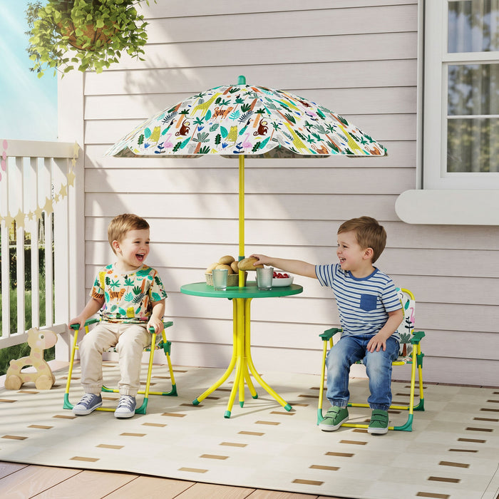 Qaba Kids Picnic Table, Kids Table and Chair Set with 2 Folding Chairs and Removable Umbrella, Jungle Theme Portable Children Outdoor Furniture for Backyard, Garden, Patio, Green
