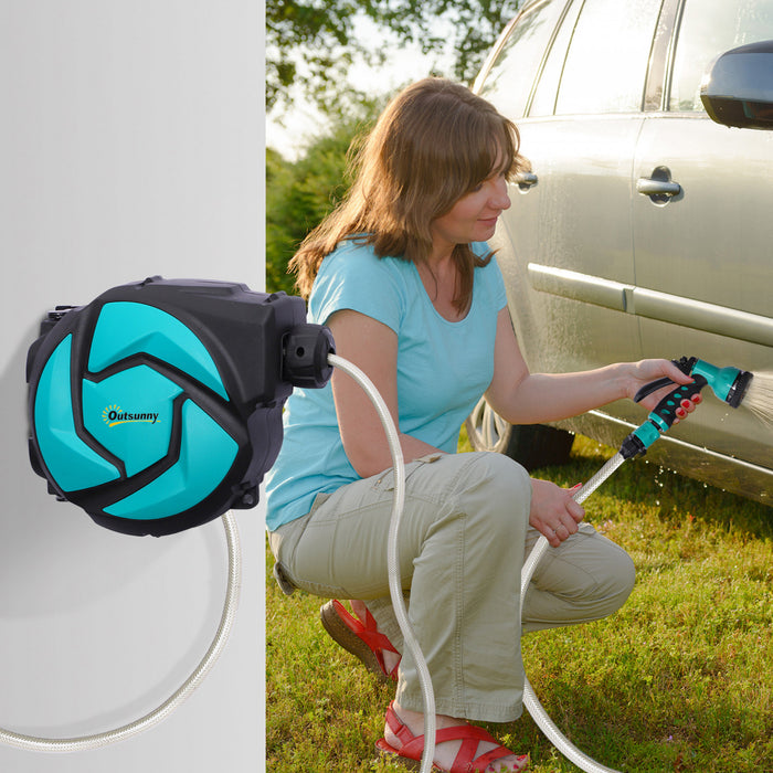Outsunny Hose Reel, 33 ft Retractable Garden Hose, Hose Reel Automatic Rewind, Water Hose Reel Wall Mounted, Dark Grey