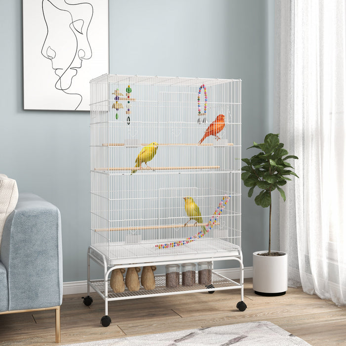 Pawhut 52\" Bird Cage For Budgies Cockatiels Canaries Lovebirds Finches With Rolling Stand, Toys, Removable Tray, Storage Shelf, White