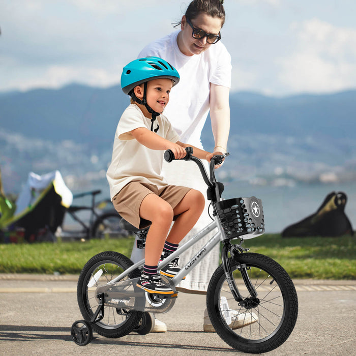 Costway 16\" Kid's Bike With Training Wheels Adjustable Handlebar & Seat Handbrake Silver