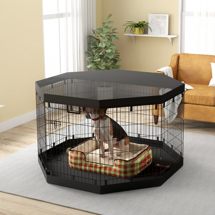 Pawhut Dog Playpen, 8 Panels Foldable Dog Pen With Waterproof Bottom Pad, Sunproof Top Cover, 36\"h Dog Fence For Indoor Outdoor, For Medium Small Dogs And Pets
