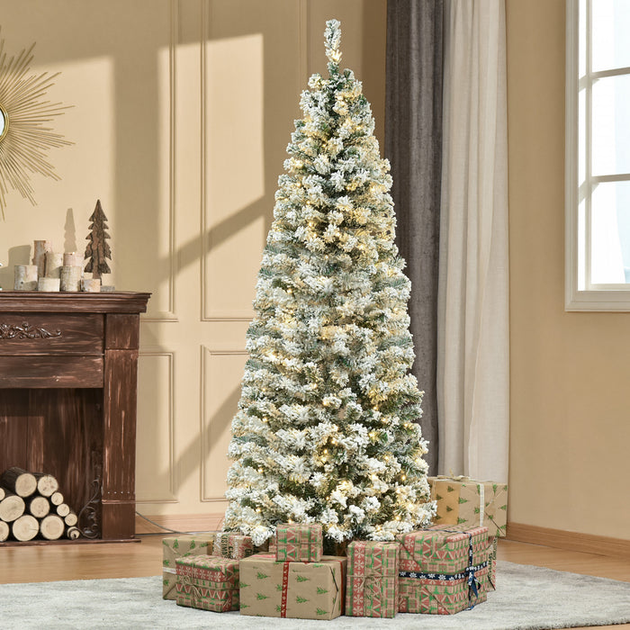 Homcom 6ft Prelit Artificial Snow Flocked Pencil Christmas Tree