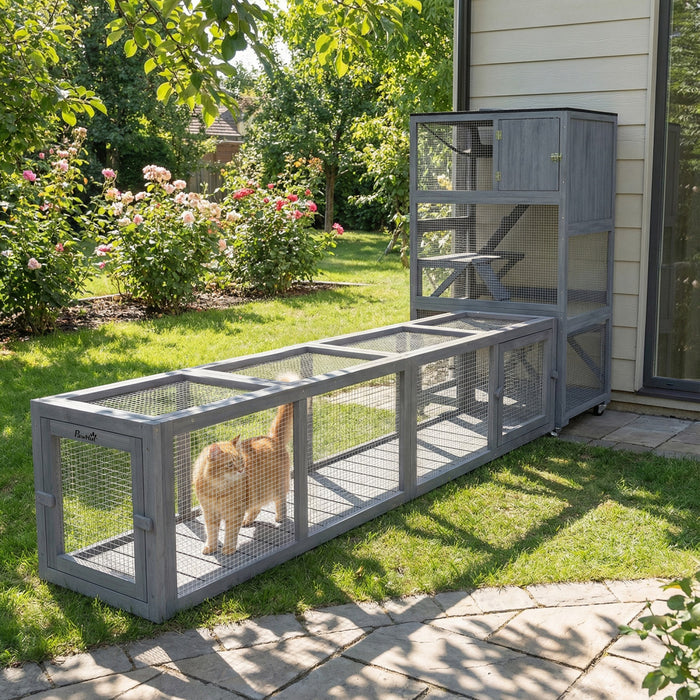PawHut 79\" Long Cat Tunnel, Cat shelter L- Shape with Extendable Design, Cat Enclosure for Indoor/Outdoor Use with Weather Protection, Removable Door, Dark Grey