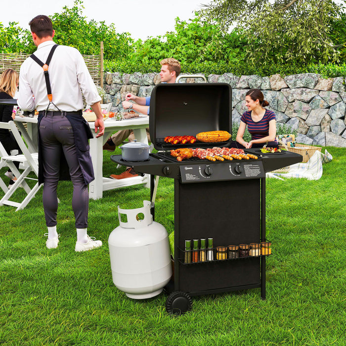 Outsunny 2+1 Burner Propane Gas BBQ Grill, Portable Gas Barbecue Grill with Side Burner, Lid, Side Table, Shelf, Spice Rack, Wheels, Grease Cup, Thermometer for Garden, Black