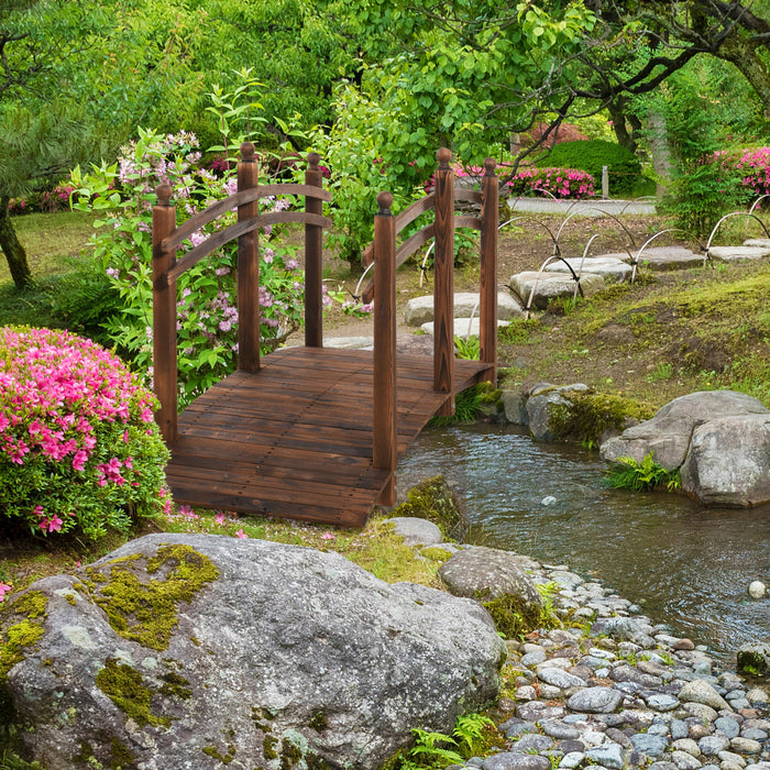 Outsunny 7.5' Fir Wood Garden Bridge Arc Walkway with Side Railings, Tan
